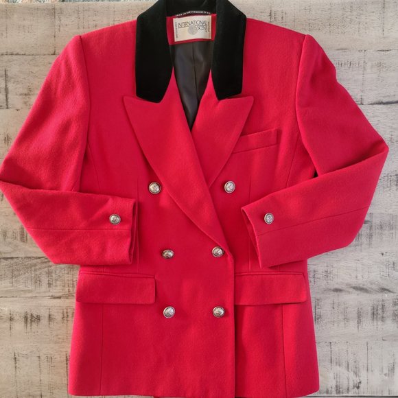 International Scene Red and Black Velour Collar Double-Breasted Blazer - Picture 1 of 16
